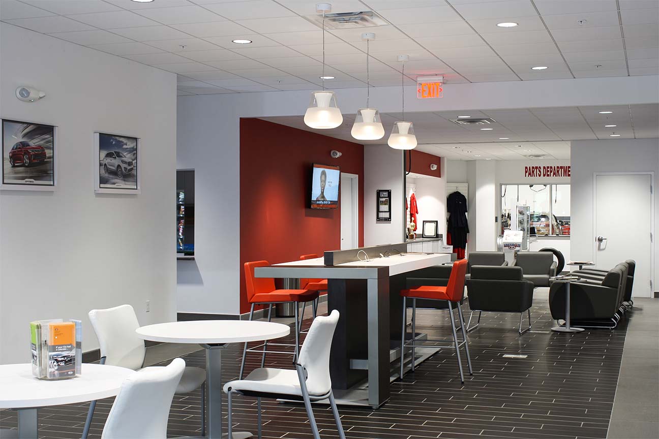 Freedom KIA Dealership- Lounge, Seating, Internet Cafe designed by Omega Commercial Interiors