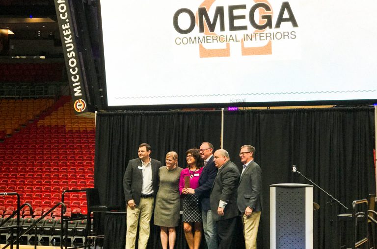 Mike Wagner (President of Kimball), Kristi Juster (Chief Executive Officer of Kimball), David McCormick (Owner/President of Omega Commercial Interiors), Peggy Schifano Lovio (Co-Owner/Vice President of Omega Commercial Interiors), Greg Richards (Director of Distribution for Kimball) and Don Van Winkle (Chief Operating Officer for Kimball) at Kimball Select Dealer Meeting- American Airlines Arena, Miami