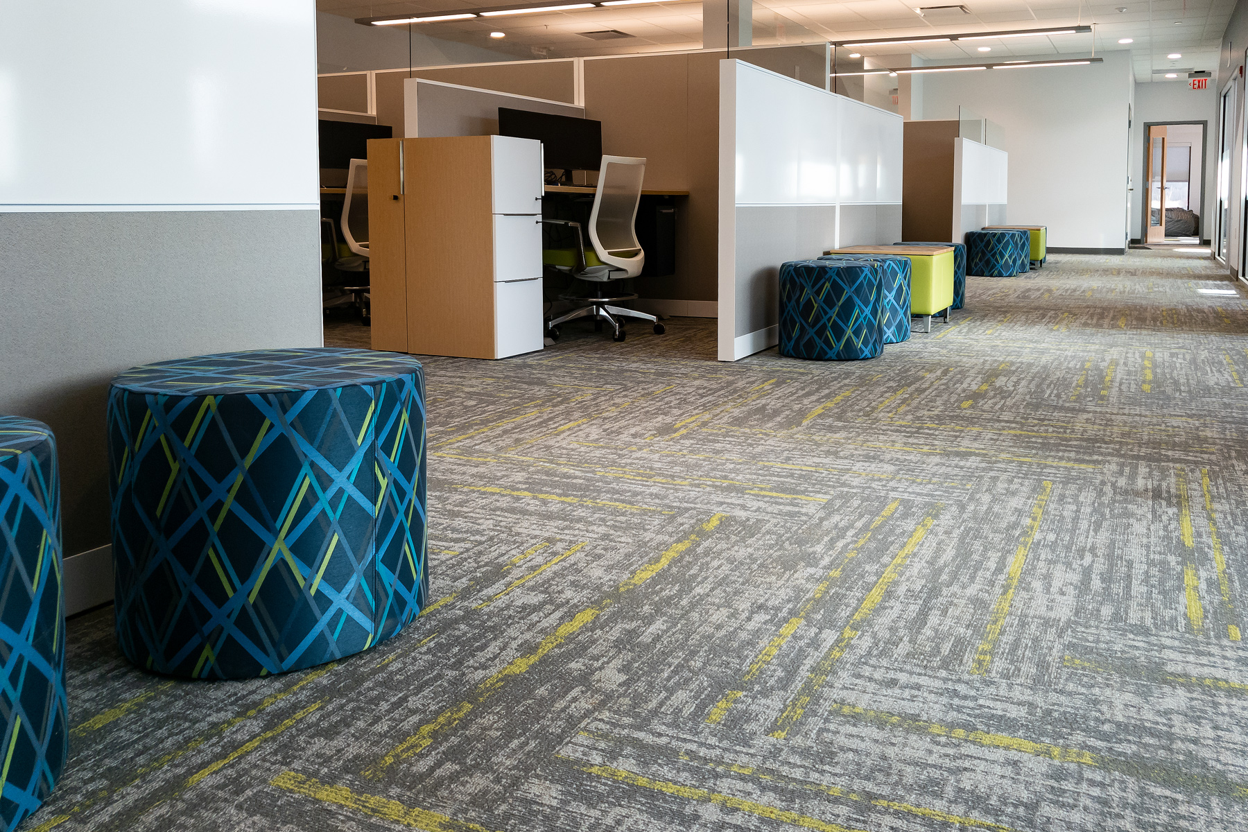 Kimball® Narrate™ Workstations, Joelle™ Ottomans, Helio™ Sit to Stand Stools and Xsede™ Sit to Stand Desks